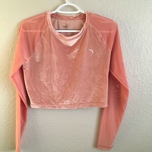 PUMA Women's Blush Velvet Crop Top with Sheer Sleeves Large